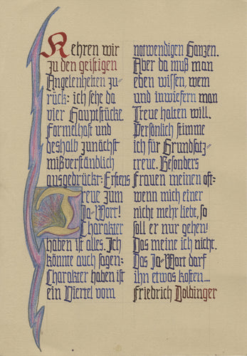 Eine Seite der Hochzeitsansprache von Friedrich Doldinger, gezeichnet mit der Breitbandfeder und Skriptol und als Abdruck erschienen.